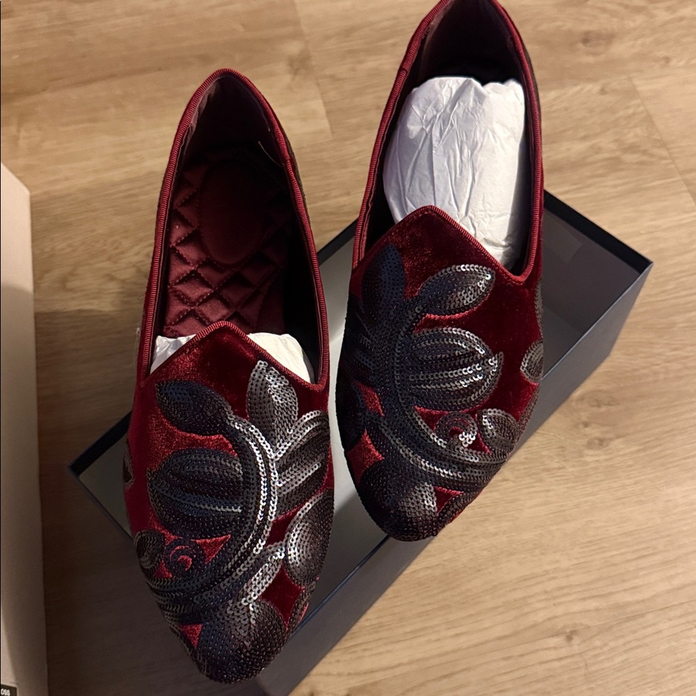 Birdies Red and Black Velvet Loafers